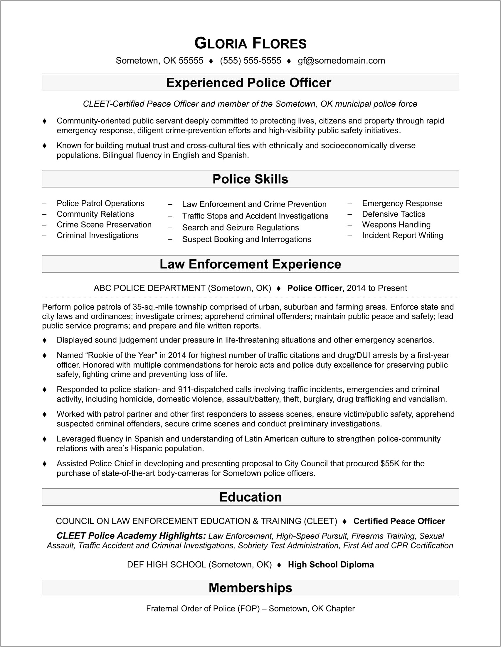 Skills And Abilities Resume For Police Dept