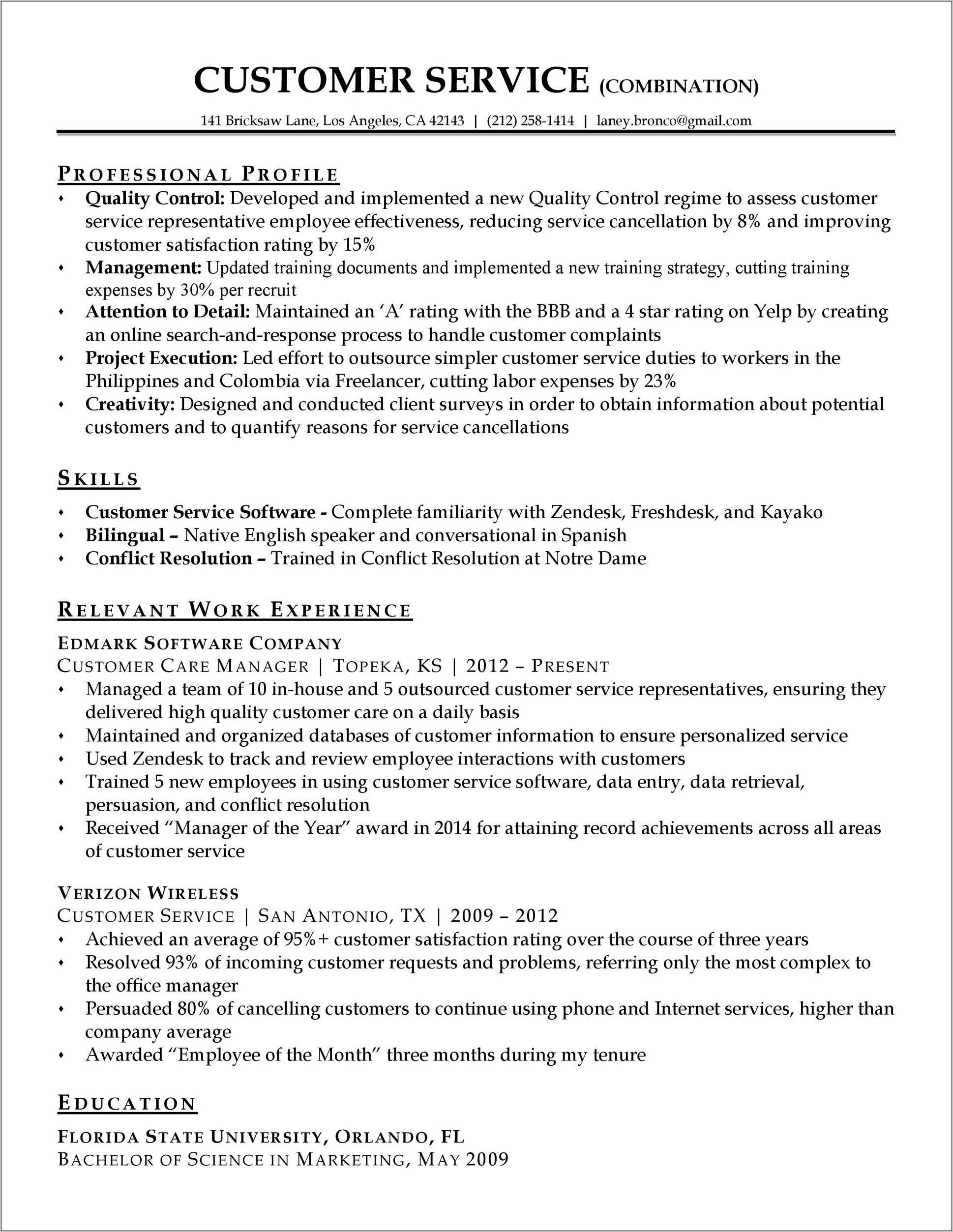 Skills Based Resume For Customer Service