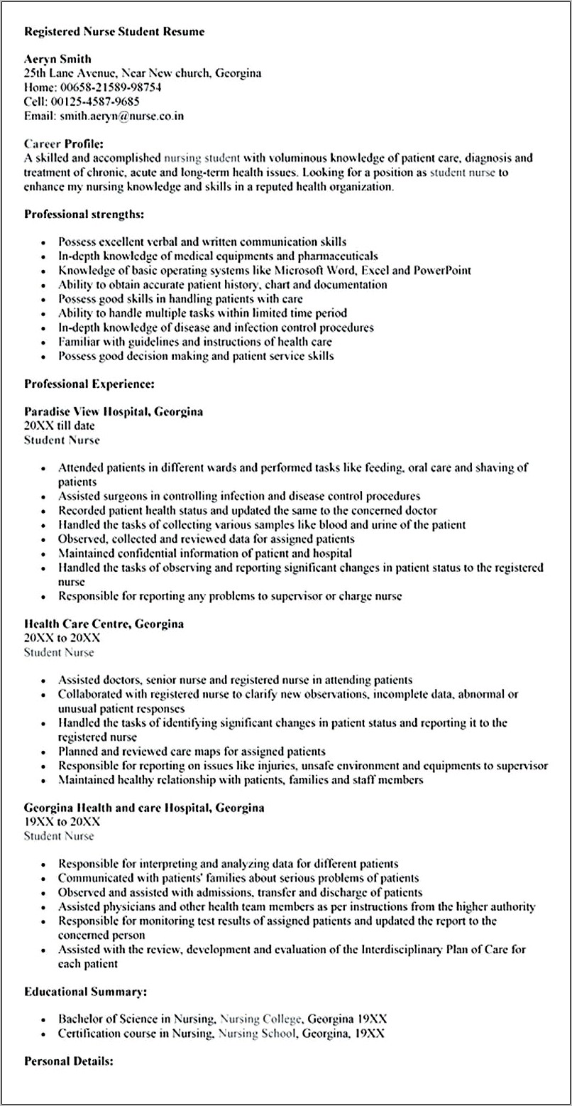 Skills For A Nursing Students Resume