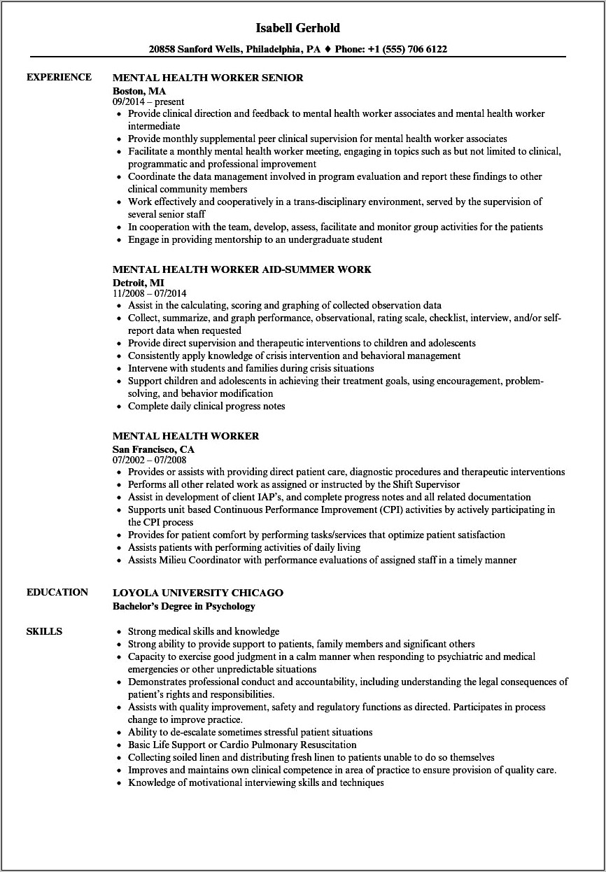 Skills Involving Children Mental Health Resume