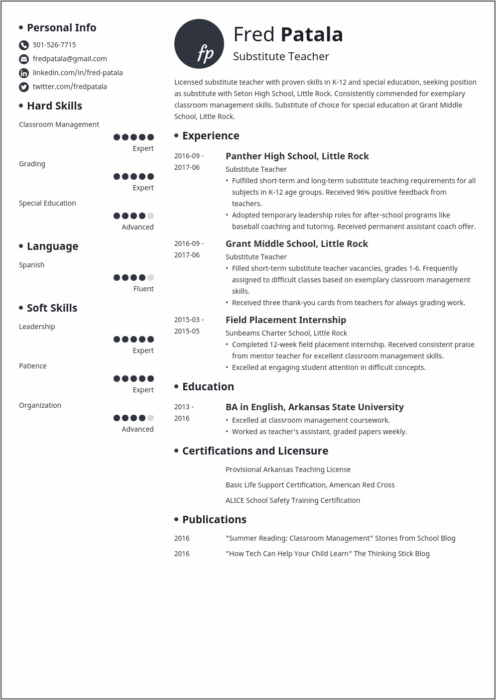 Skills Of A Substitute Teacher For Resume