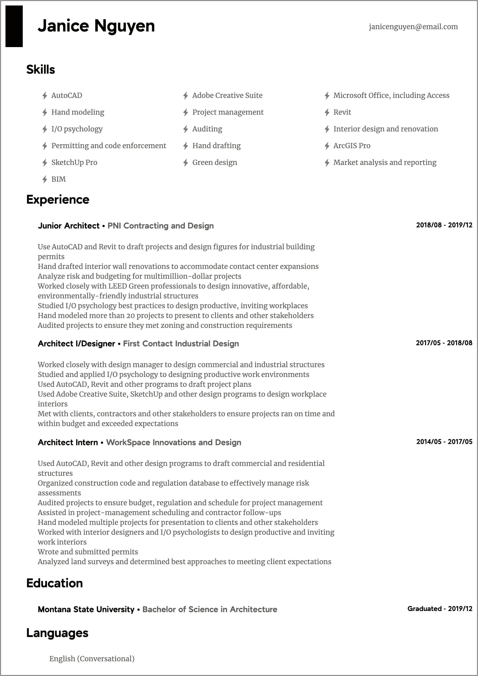 Skills Section On Resume For Architecture