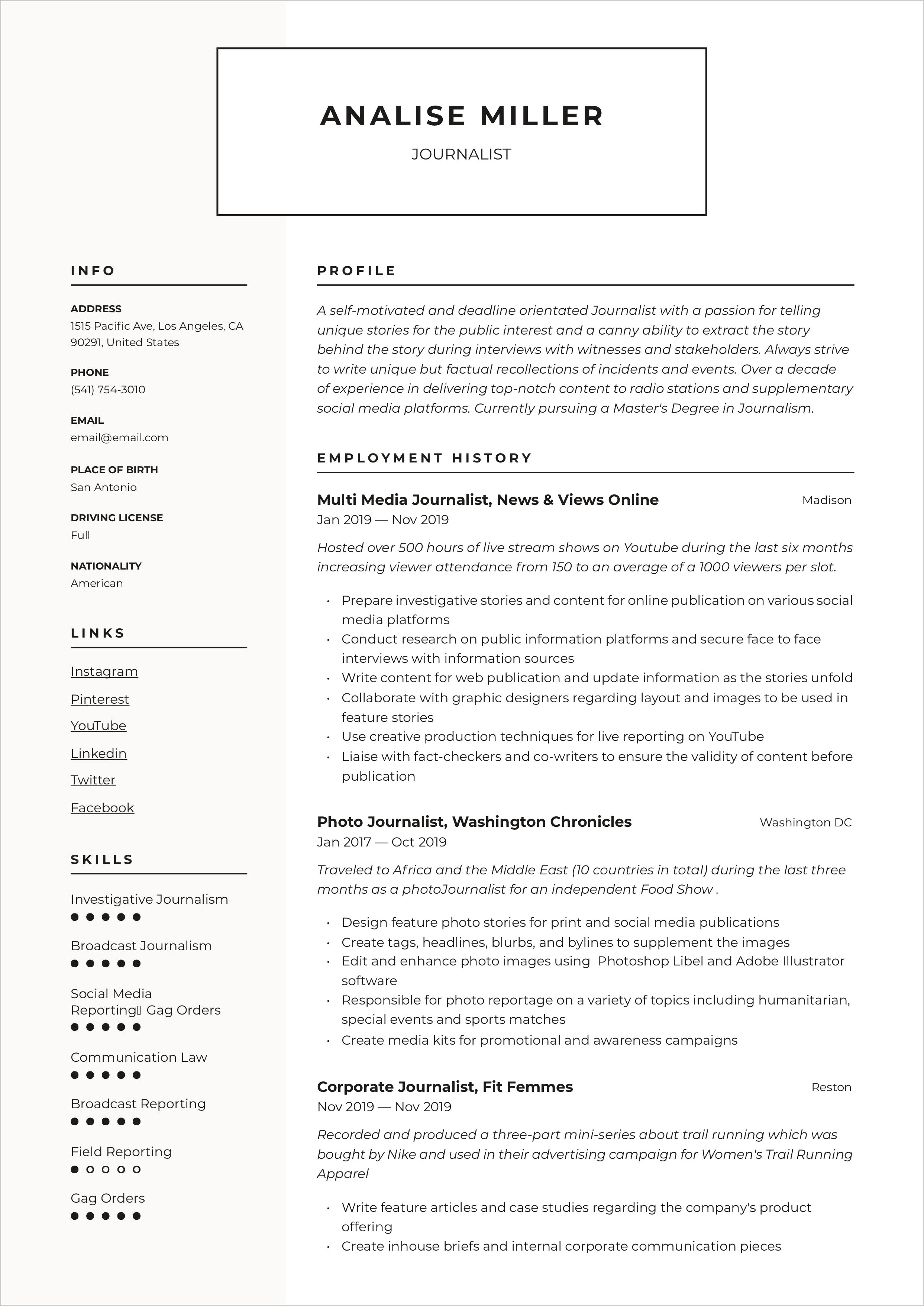 Skills To Put On A Resume For Journalism