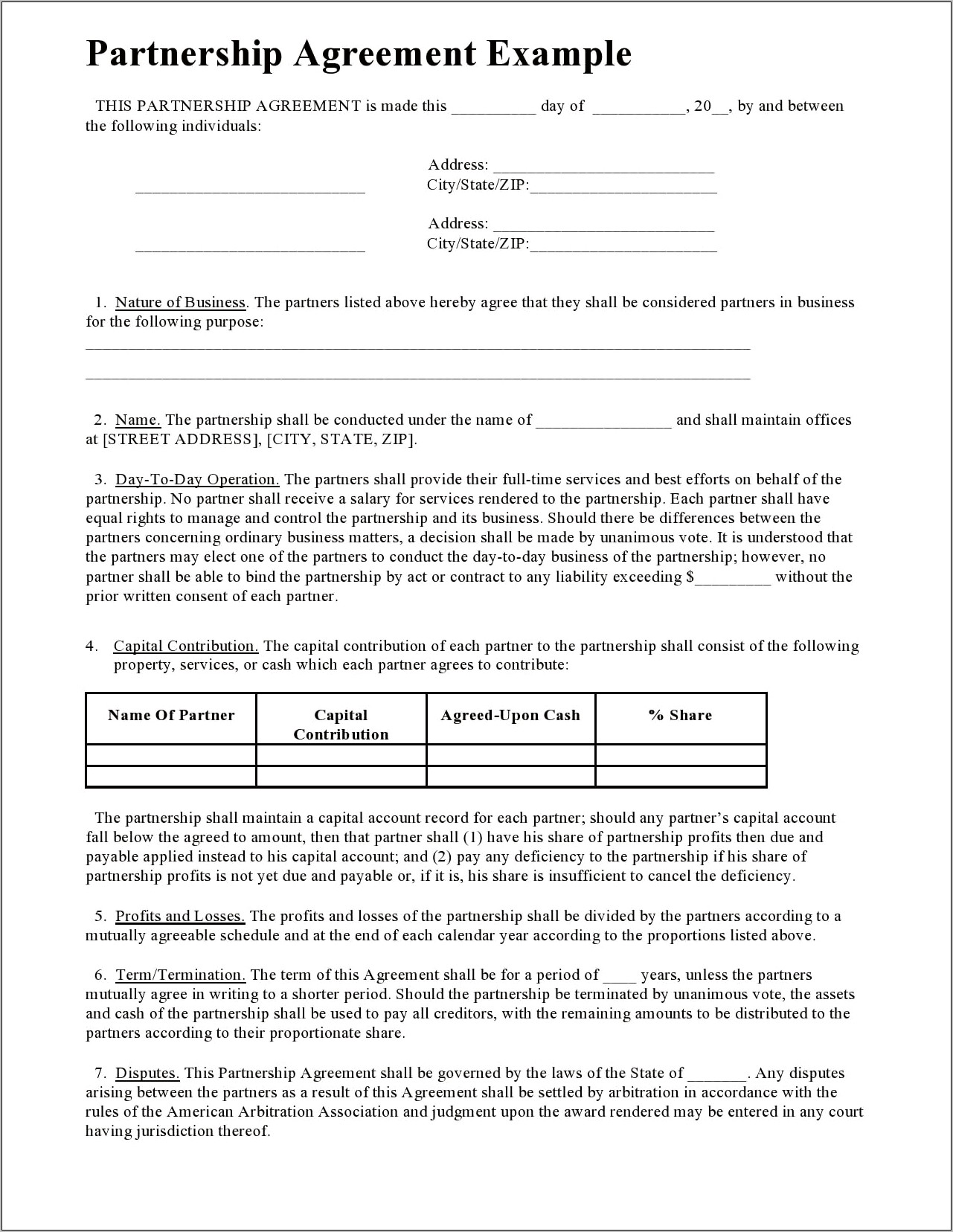 Small Business Free Partnership Agreement Template