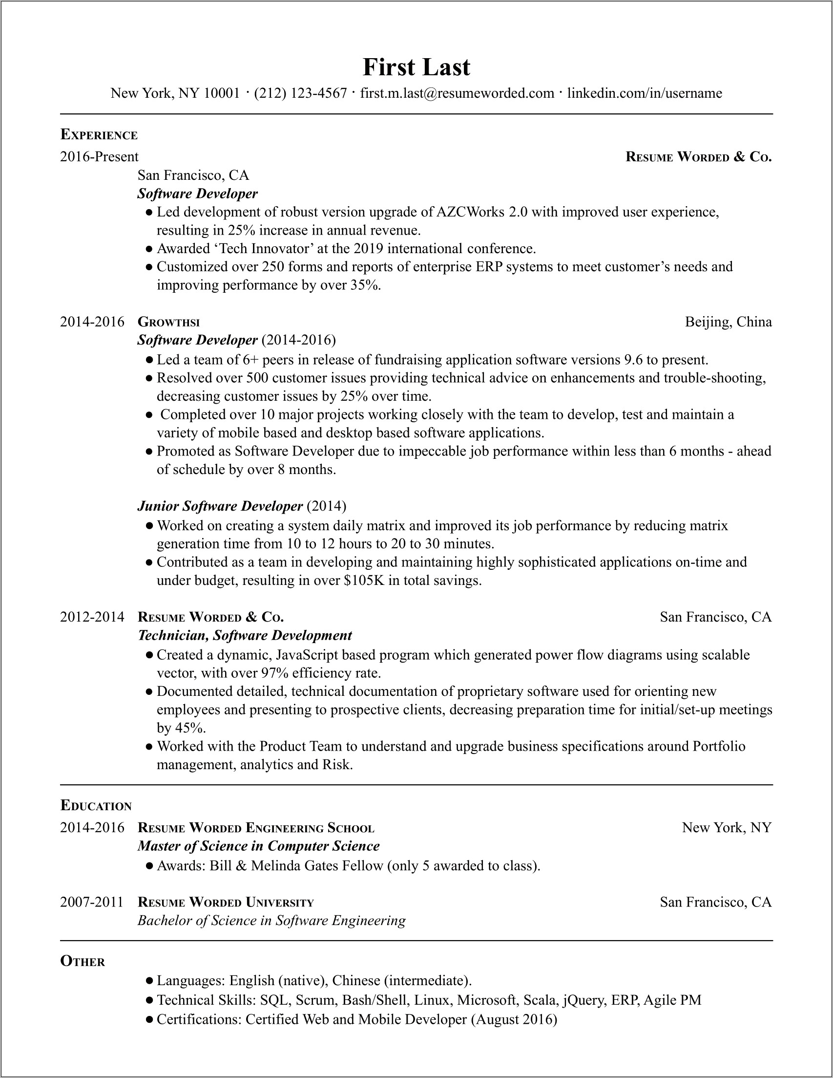 Softare Engineer Entry Level Resume Examples