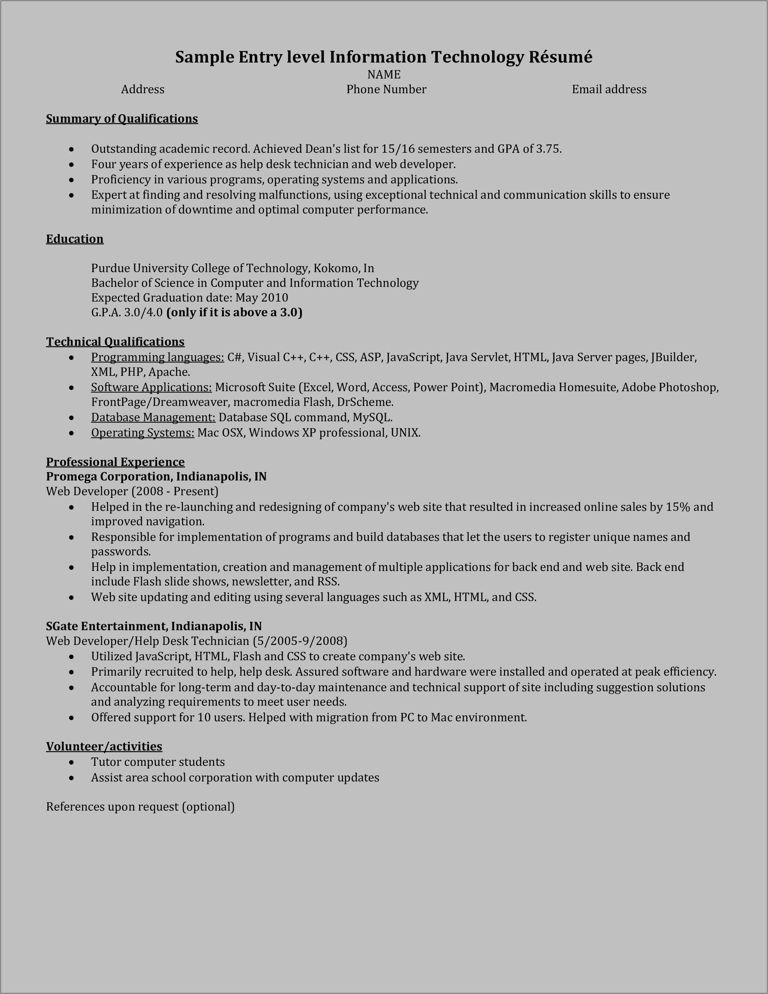 Software Developer Sample Resume Entry Level