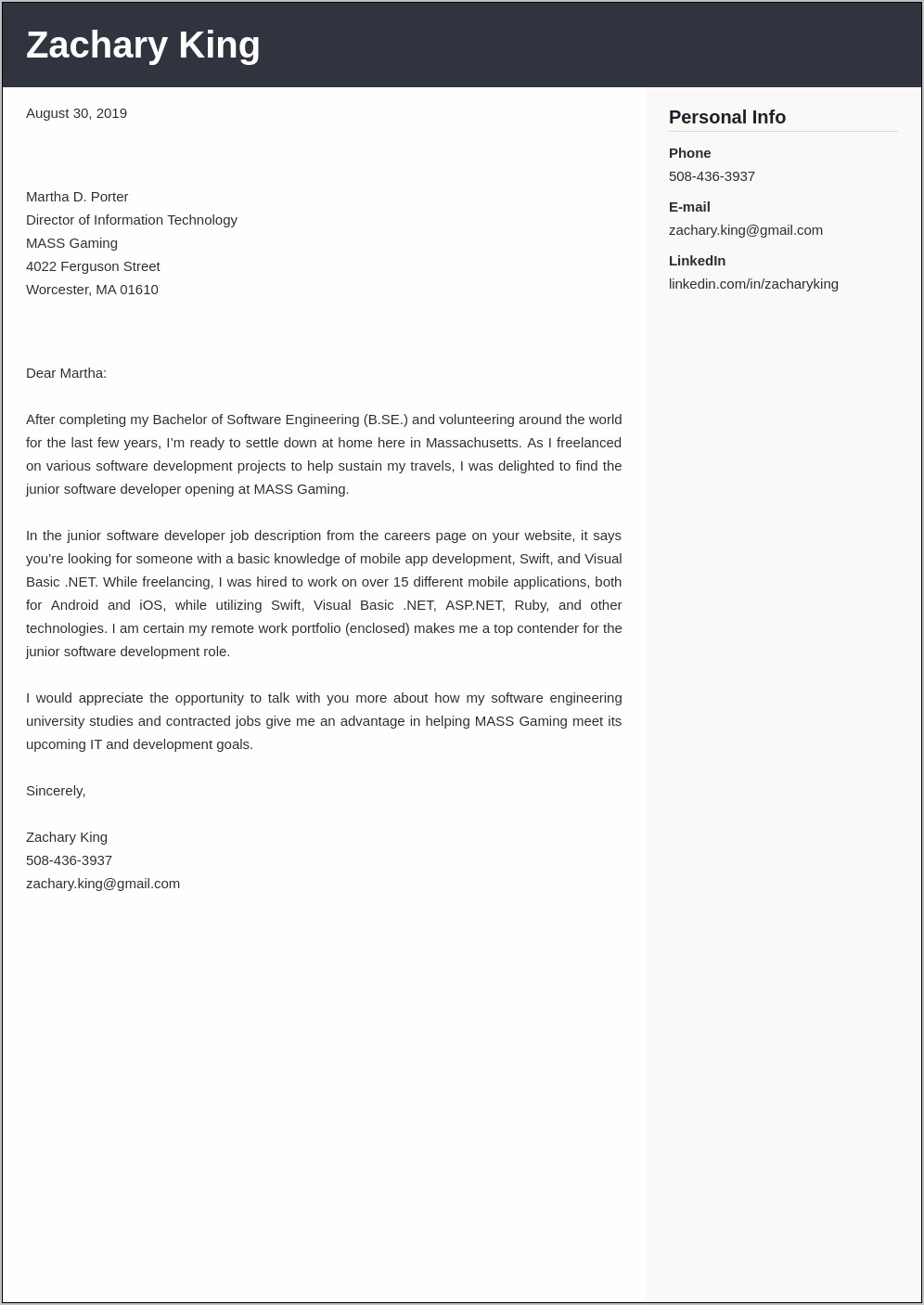 cover letter for software developer resume