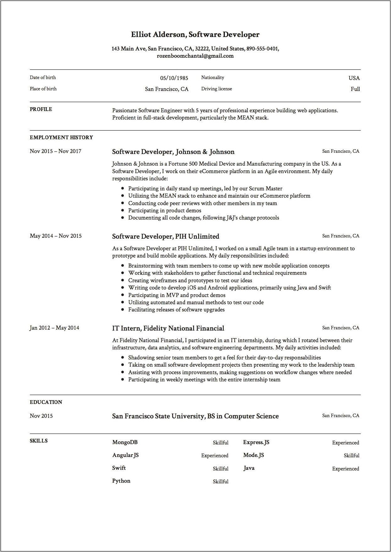 Software Engineer Experience Resume Format Sample