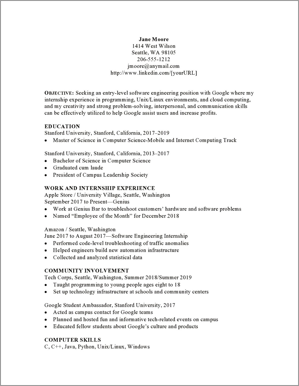 Software Engineer Skills Resume Entry Level