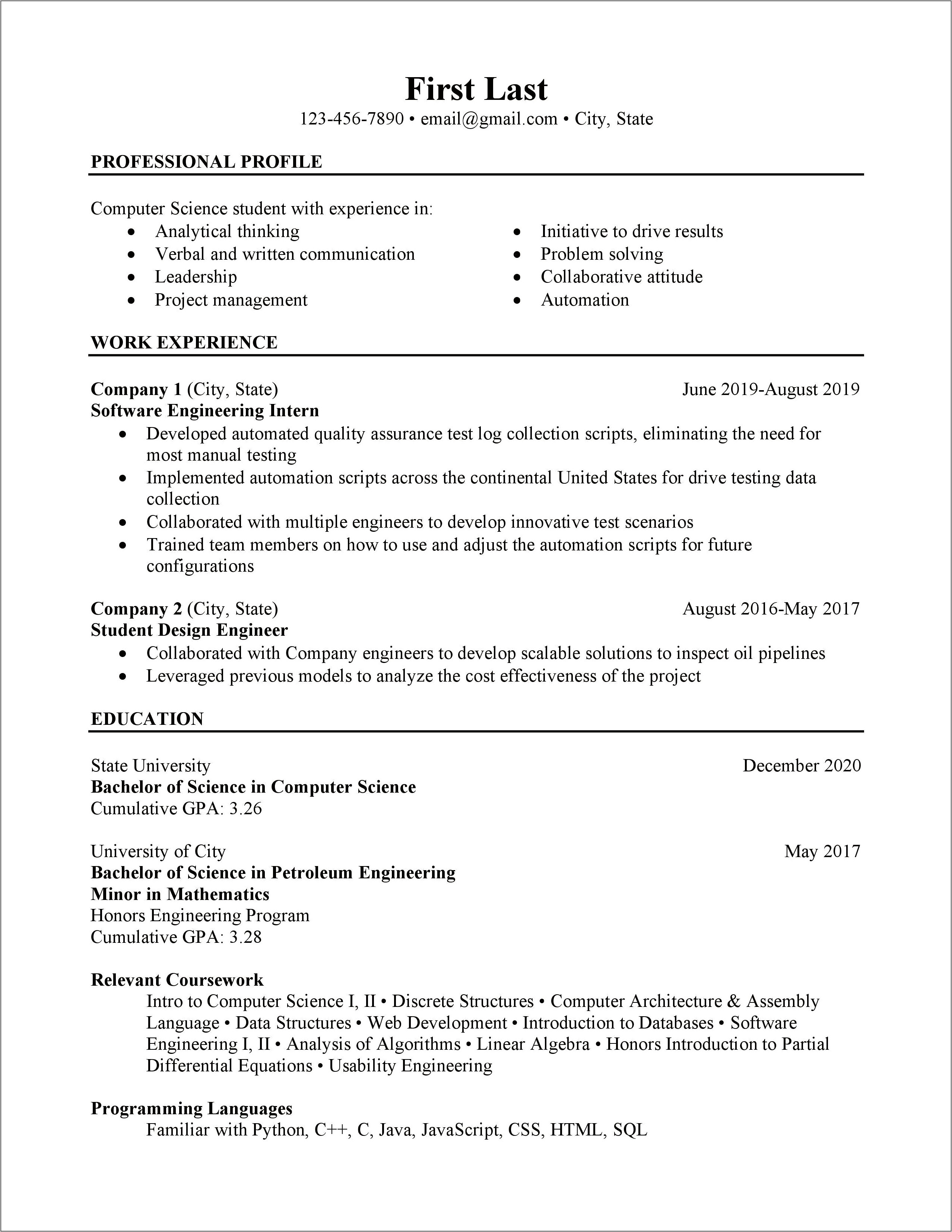 Software Engineering Student Without Experience Resume