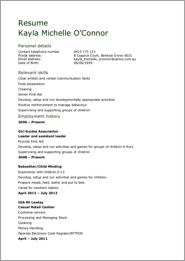 Speacial Skill For Child Care Resume