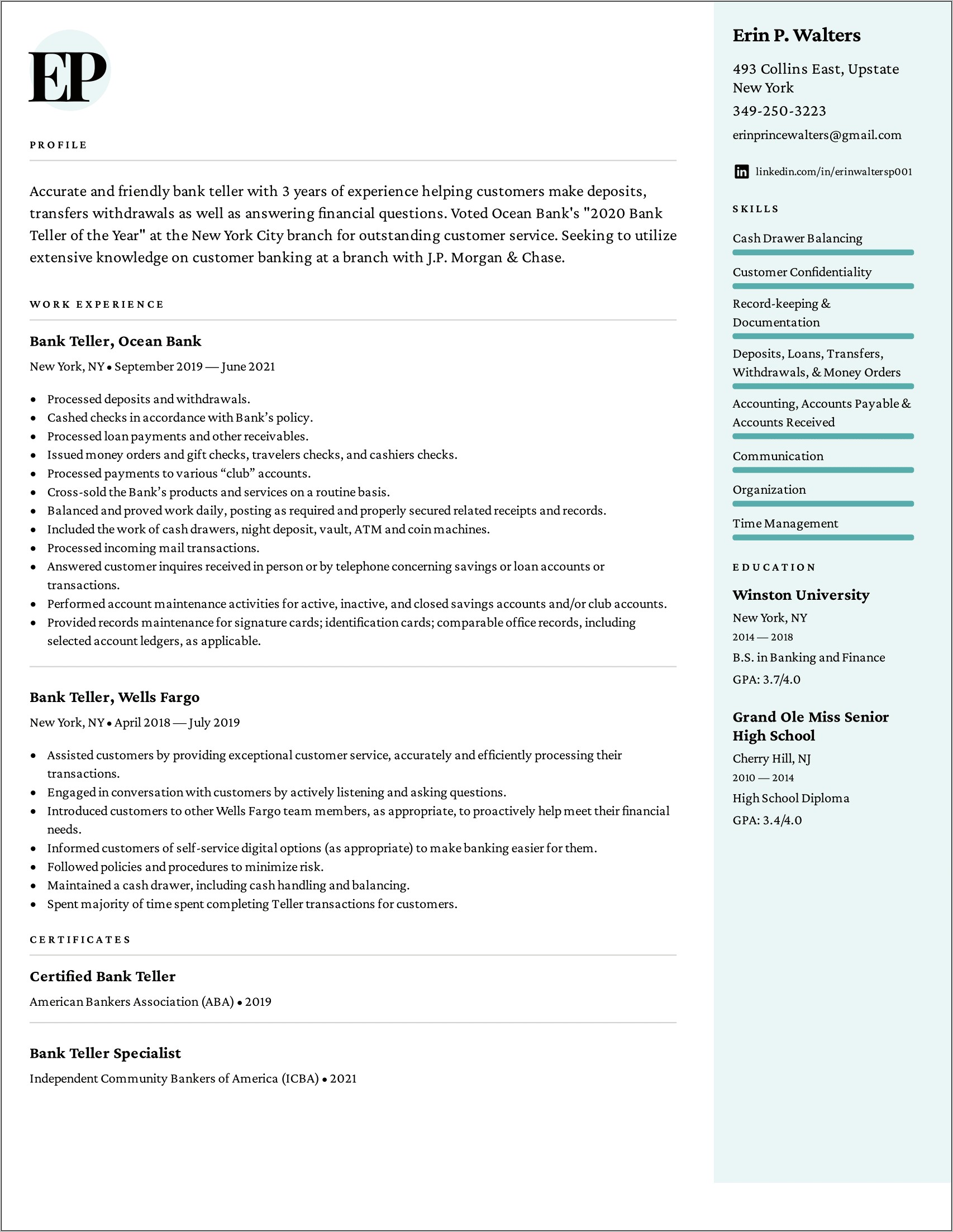 Special Skills For Bank Teller Resume