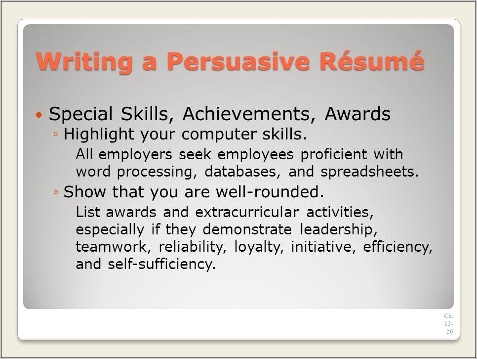 Special Skills Or Awards On Resume