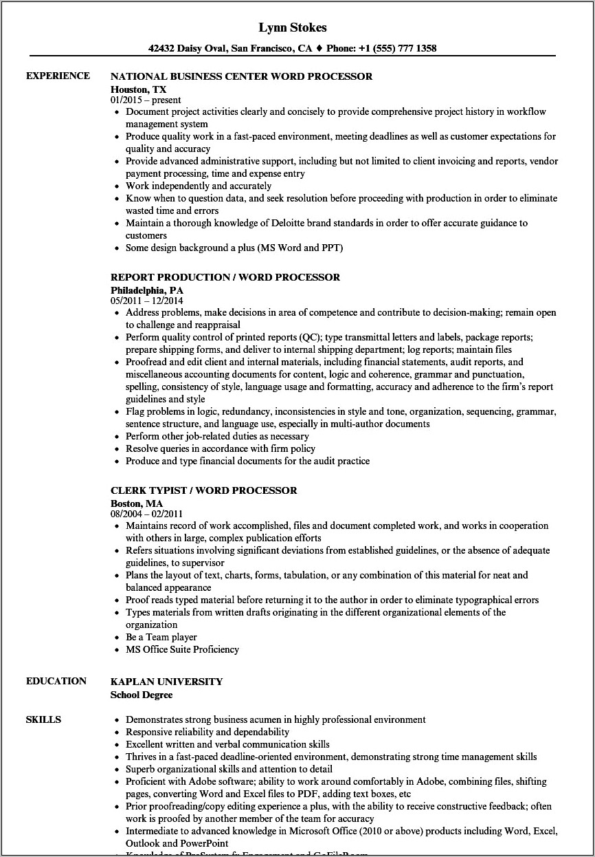 Specimen Processor Work Experience Resume Example