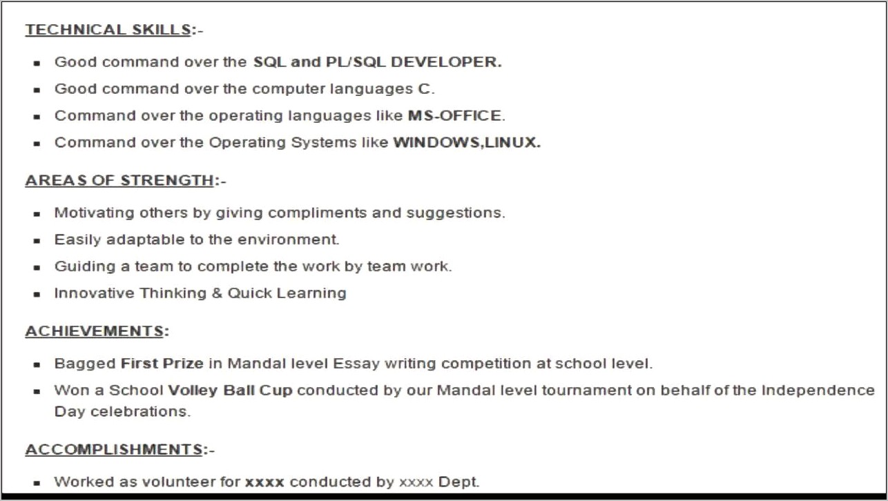 Sql Resume For 1 Year Experience