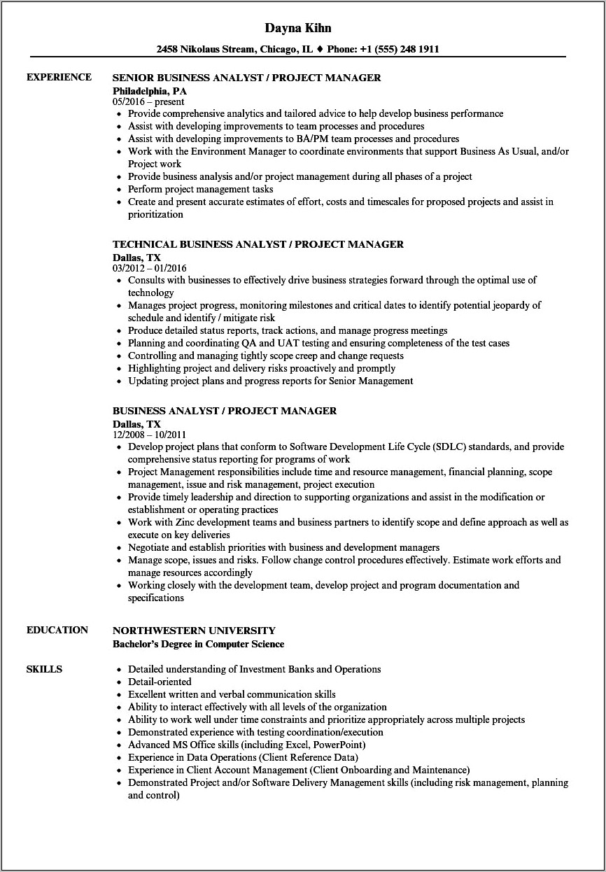 Sr Business Analyst Project Manager Resume