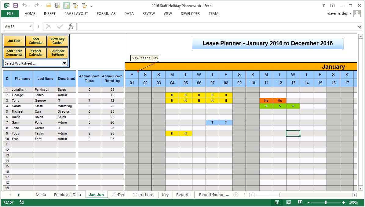 Staff Holiday Planner Template Free Excel