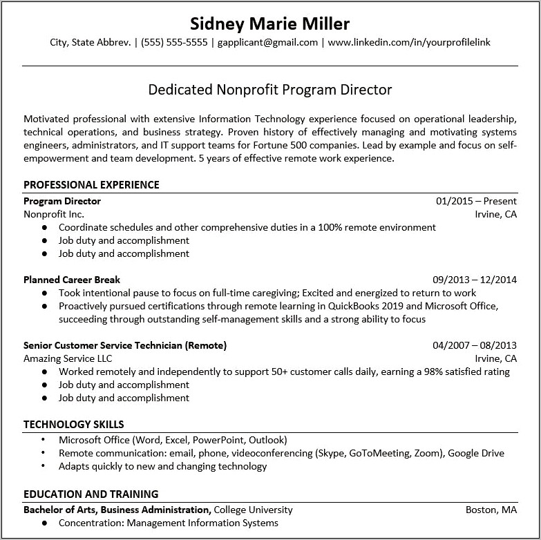 Stay At Home Parent Resume Sample