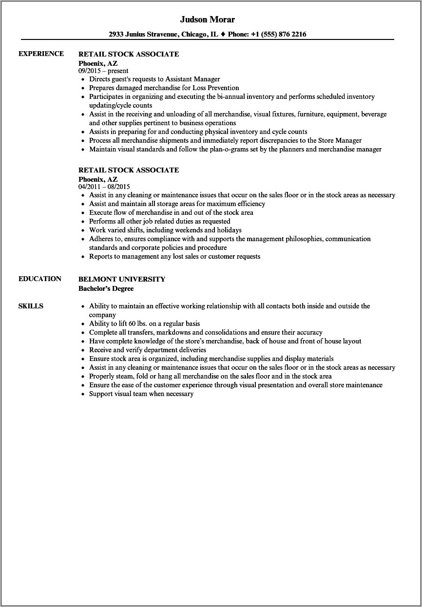 Stock Cleark Professional Summary For Resume