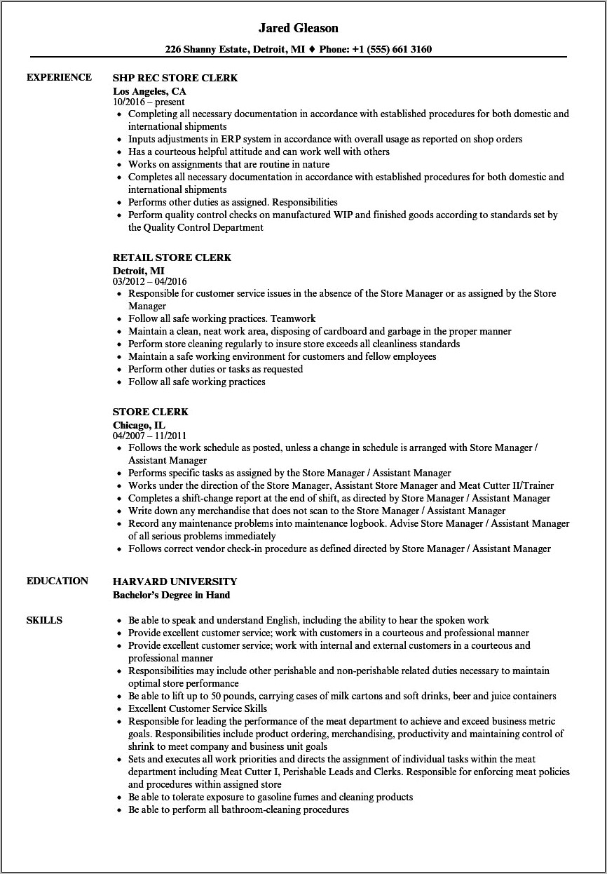 Stock Clerk Skills And Abilities Resume