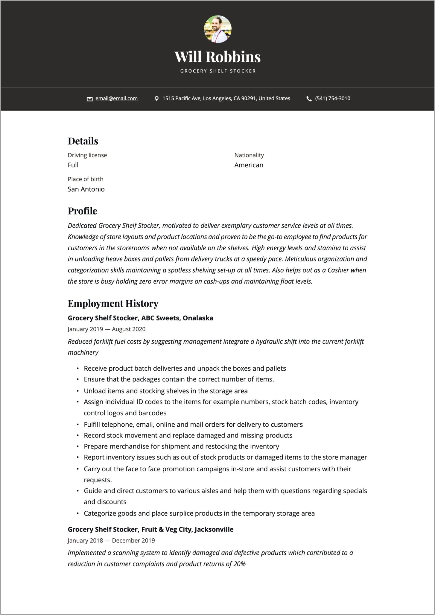 Stocking Shelves Job Description For Resume