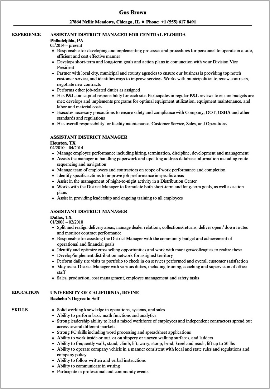 Strong Ojective For Resume For District Manager