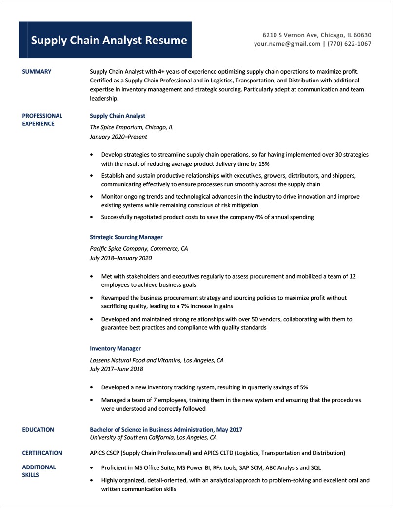 Supply Chain Analyst Resume Cover Letter