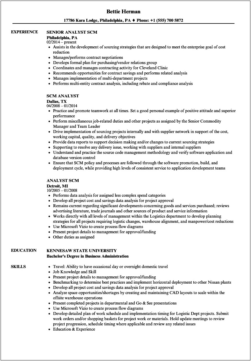 Supply Chain Management Business Analyst Resume