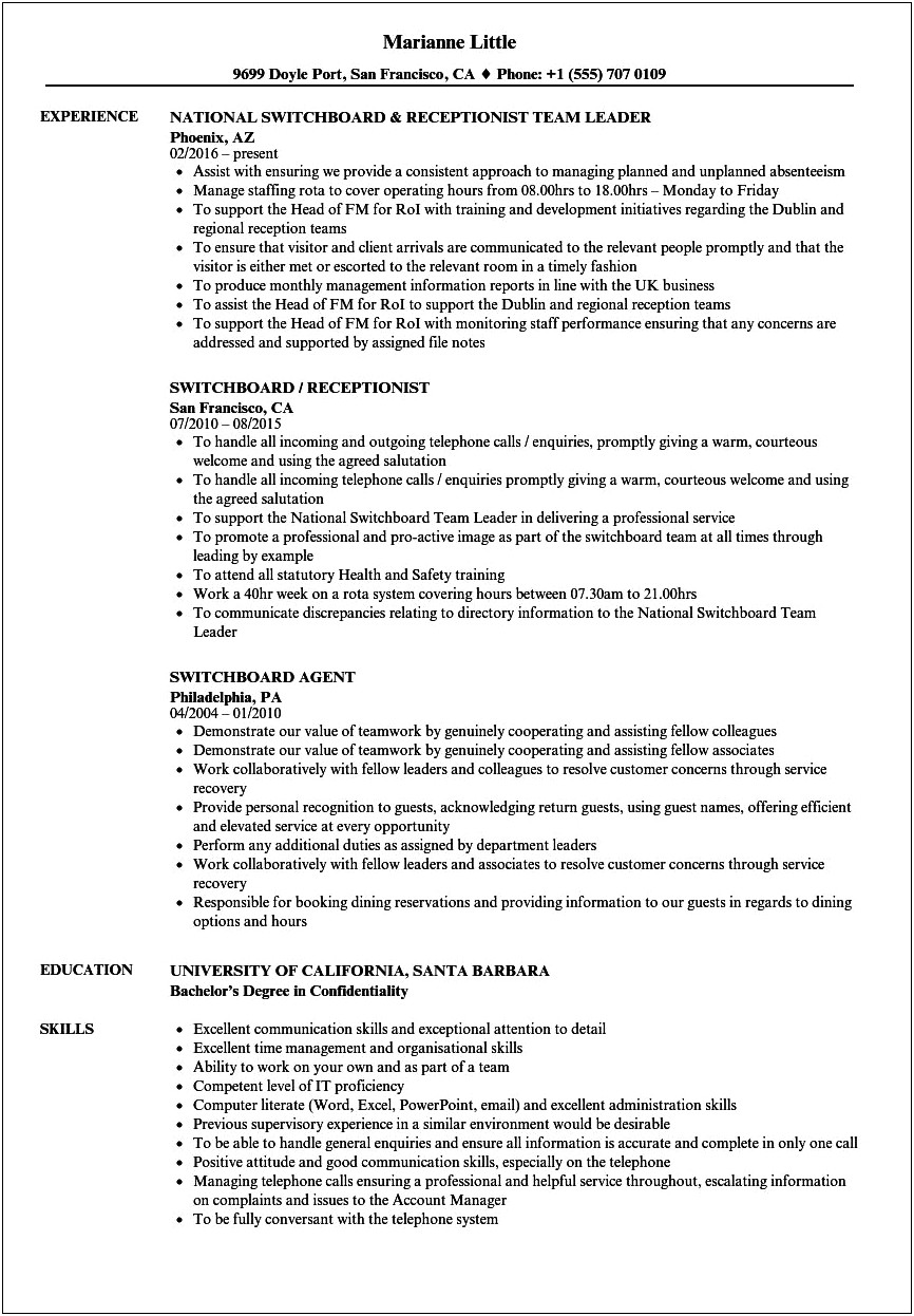 Switchboard Operator Job Description For Resume