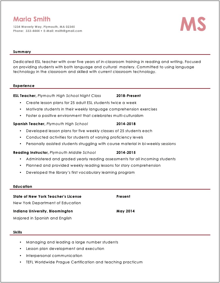 Teaching Skills And Abilities In Resume