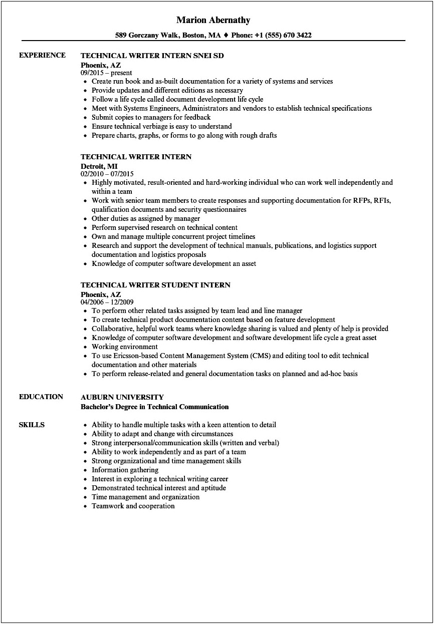 Technical Writing Resume Samples For Freshers