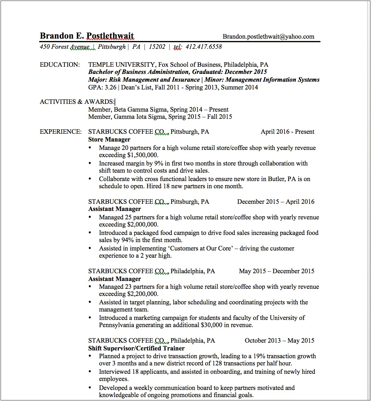 Temple Fox School Of Business Resume