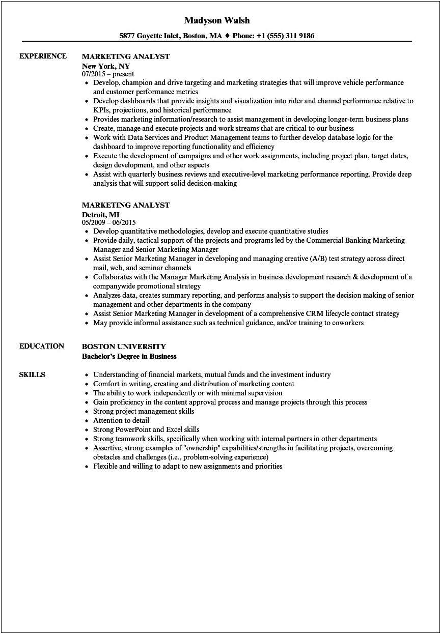 Top Resume Templates For Market Analyst