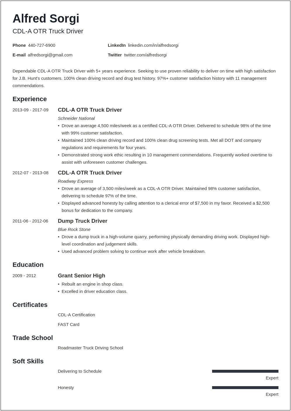 Truck Driver Resume Sample No Experience