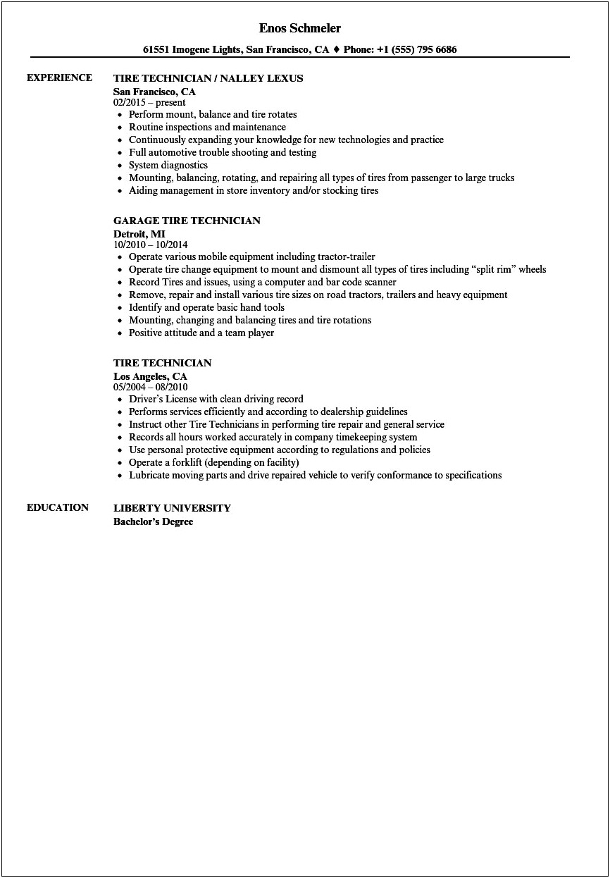 Tyre Fitter Job Description For Resume