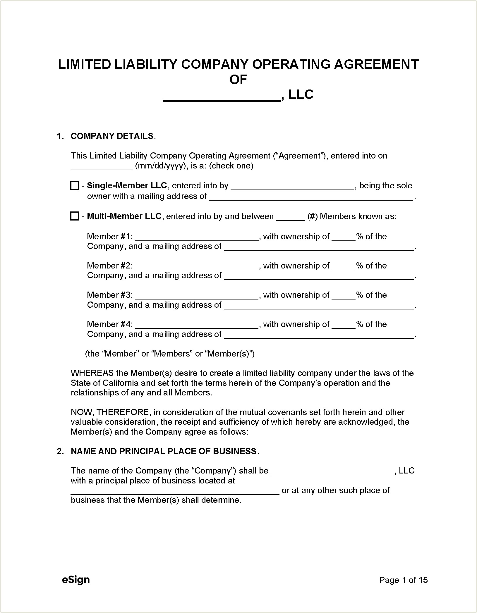 Ca Llc Operational Agreement Free Template