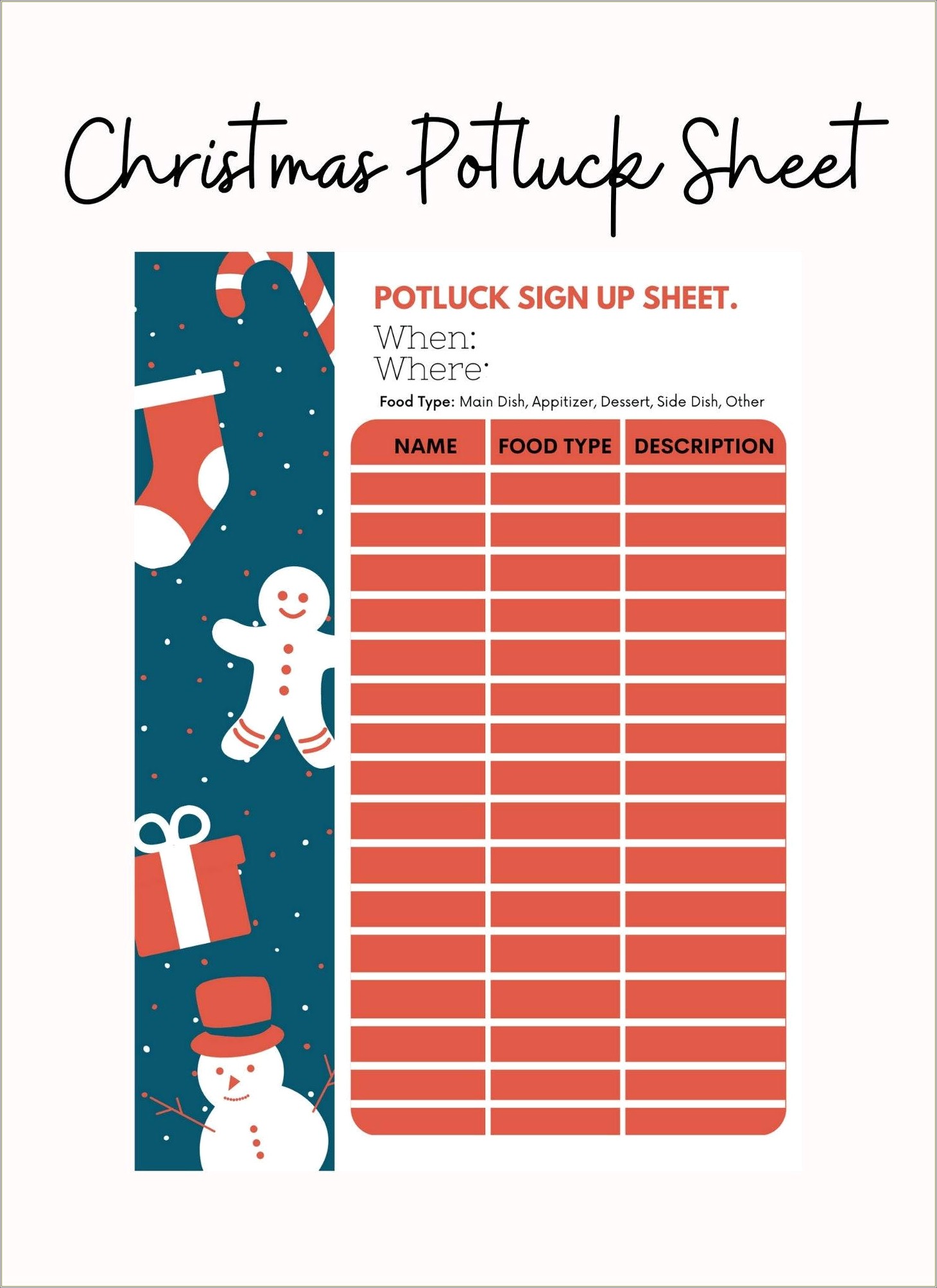 Christmas Potluck Signup Sheet Template Free
