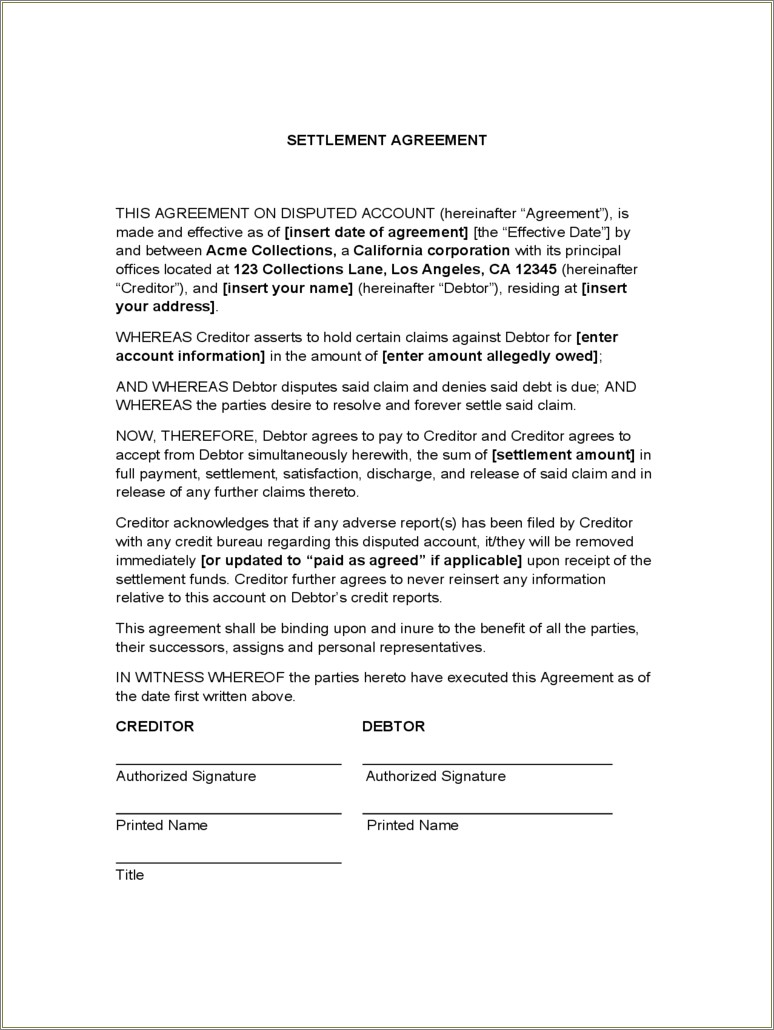 Debt Settlement Agreement Contract Template Free