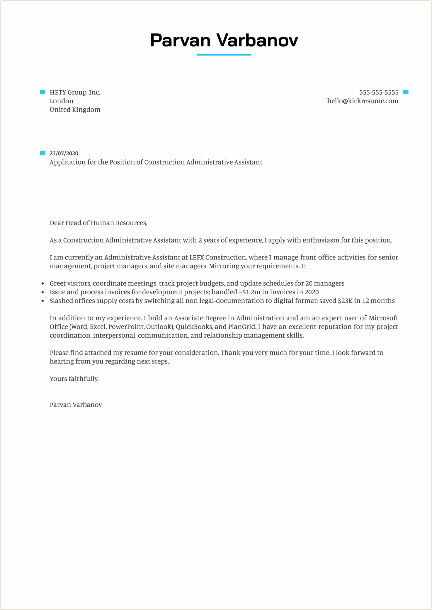 Download Free Construction Cover Letter Template