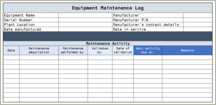 Equipment Maintenance Log Template Excel Free