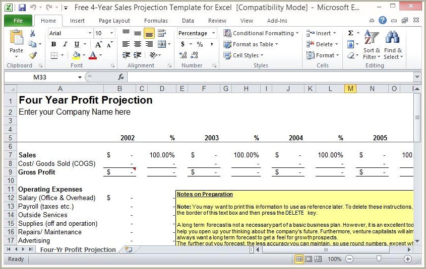 Excel Forecast Sales & Expenses Free Template