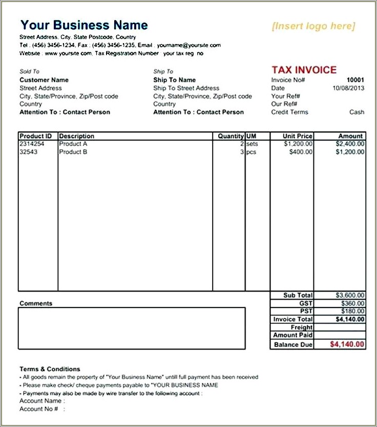 Invoice Template Excel Free Download Pdf