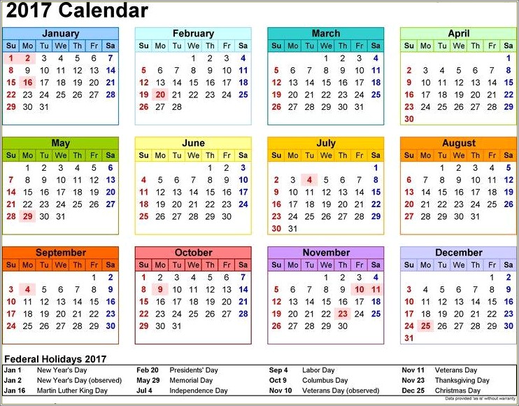 Free 2017 Calendar Template With Holidays