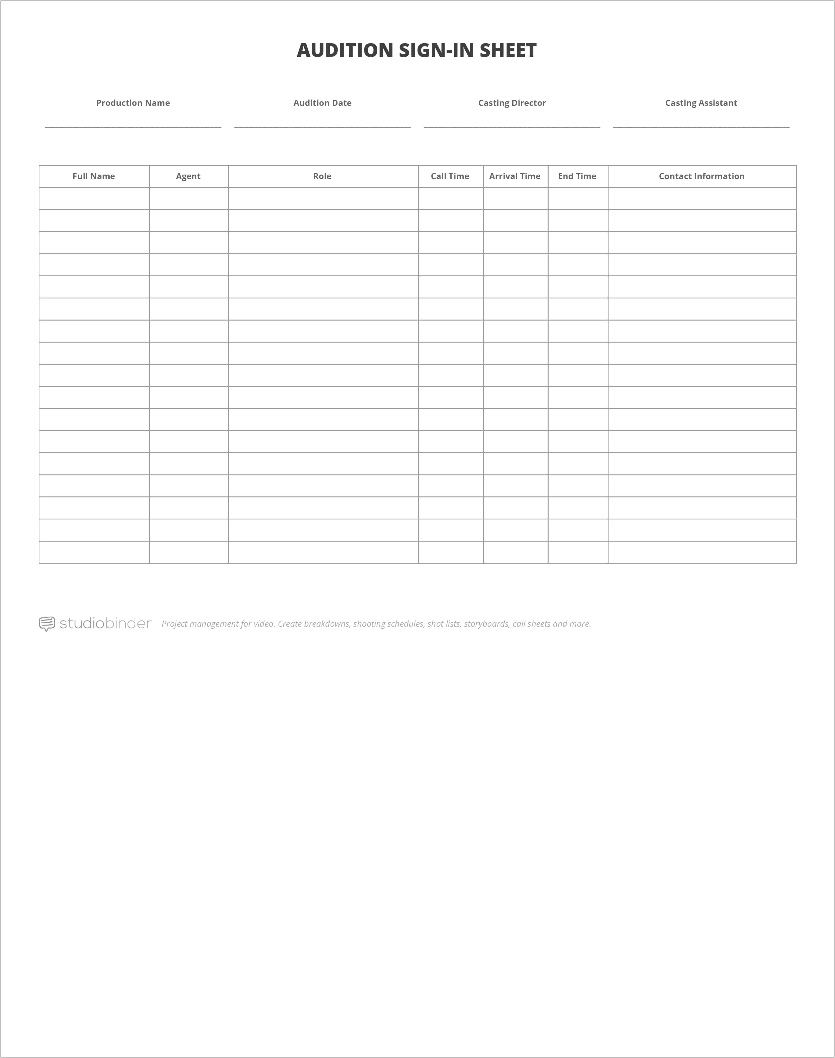 Free Audition Sign In Sheet Template