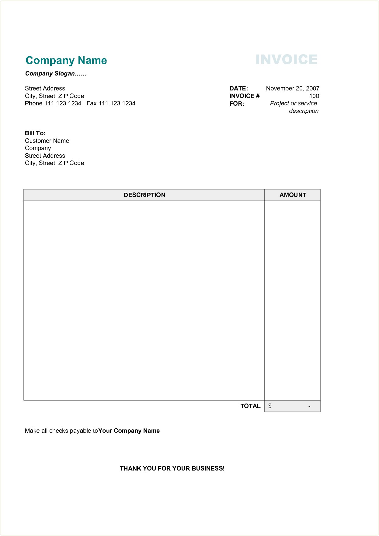 Free Bill Template For Work Done