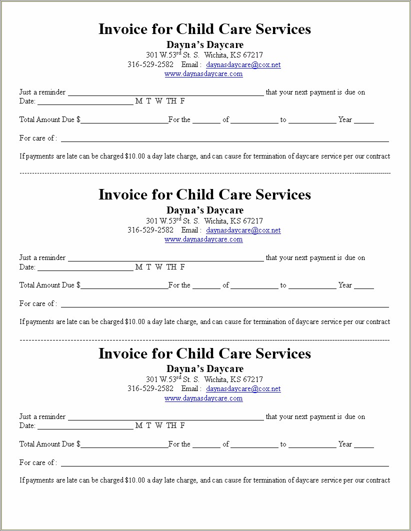 Free Child Care Invoice Template Excel Resume Example Gallery