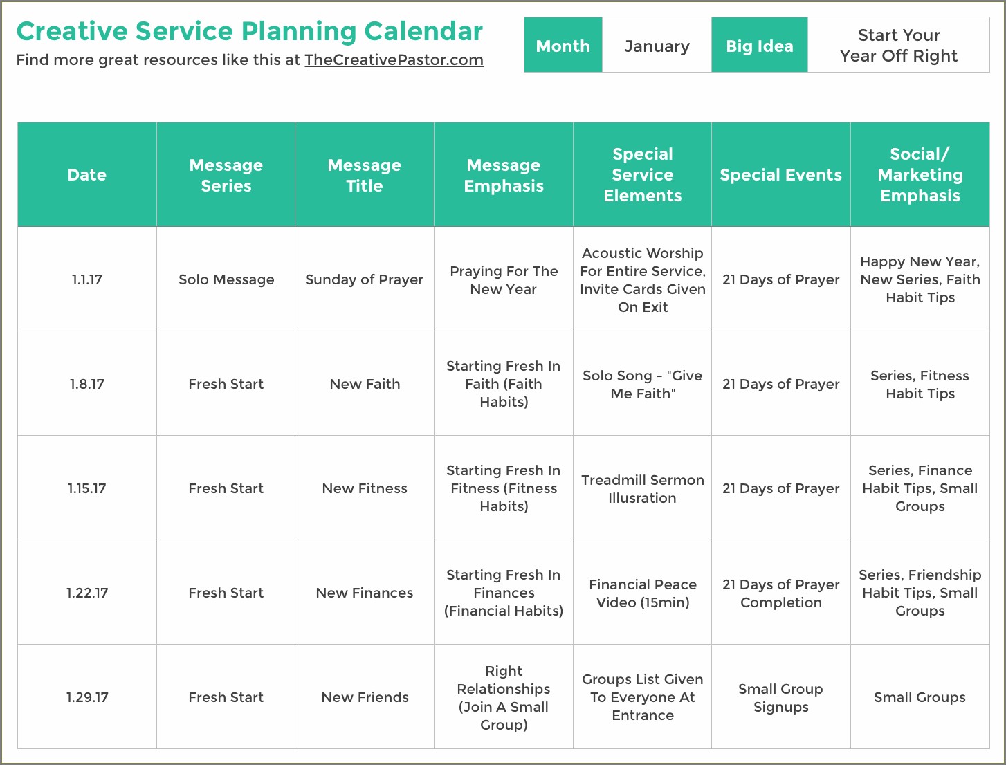 Free Church Planning Calendar Xcel Template