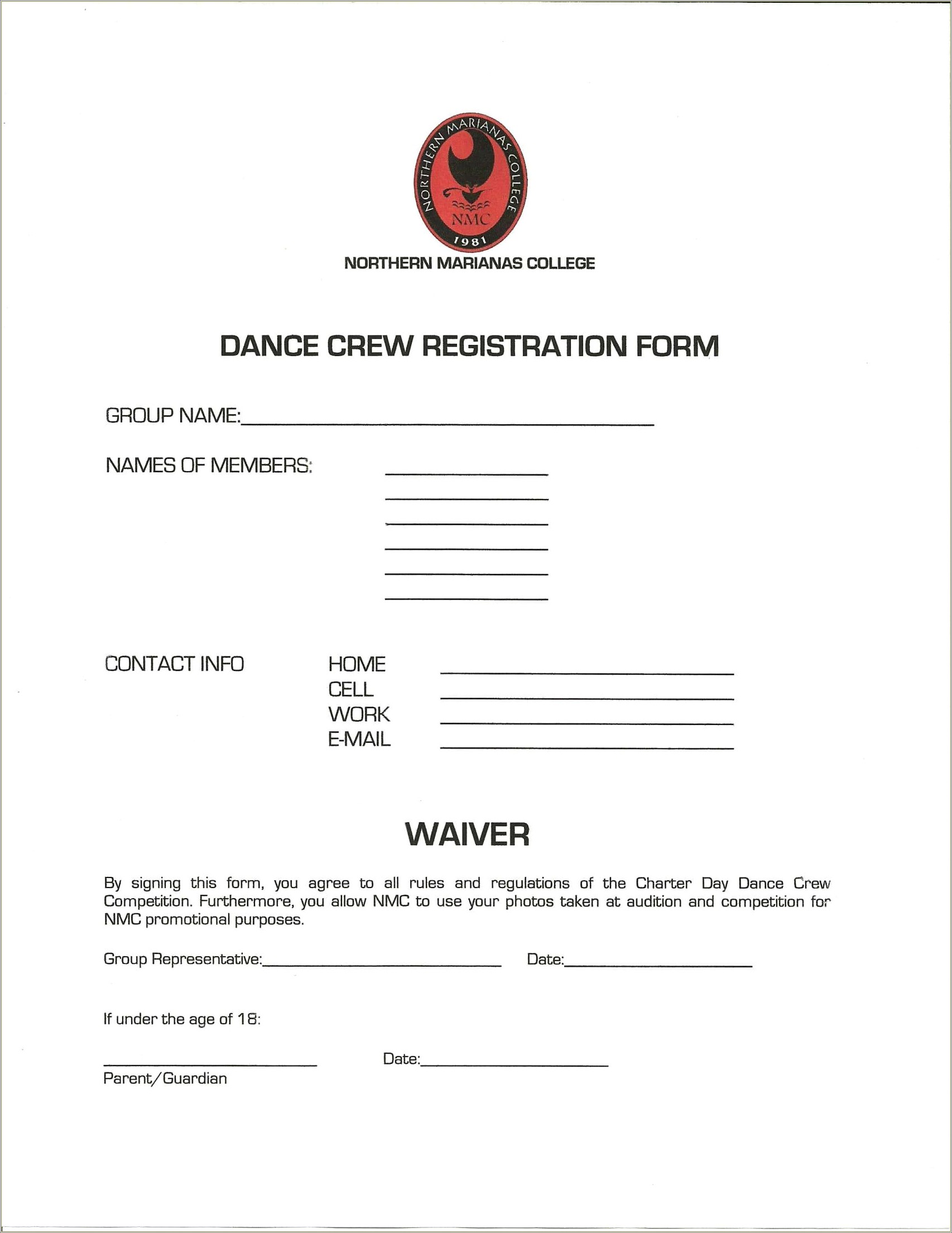 Free Dance Team Registration Form Template