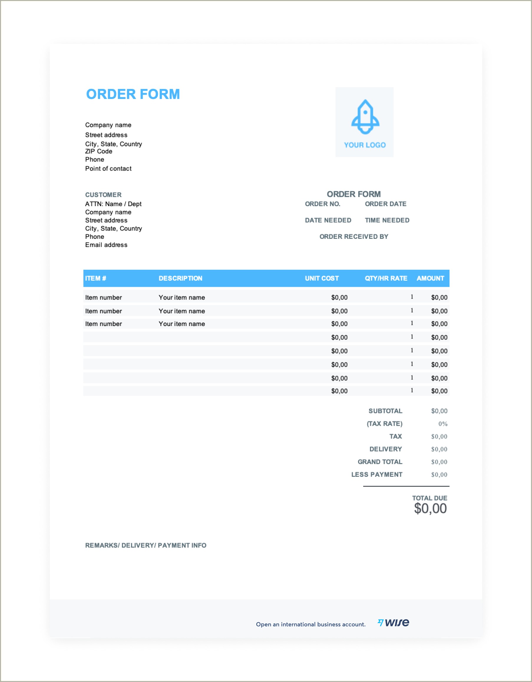 Free Download Purchase Order Form Template