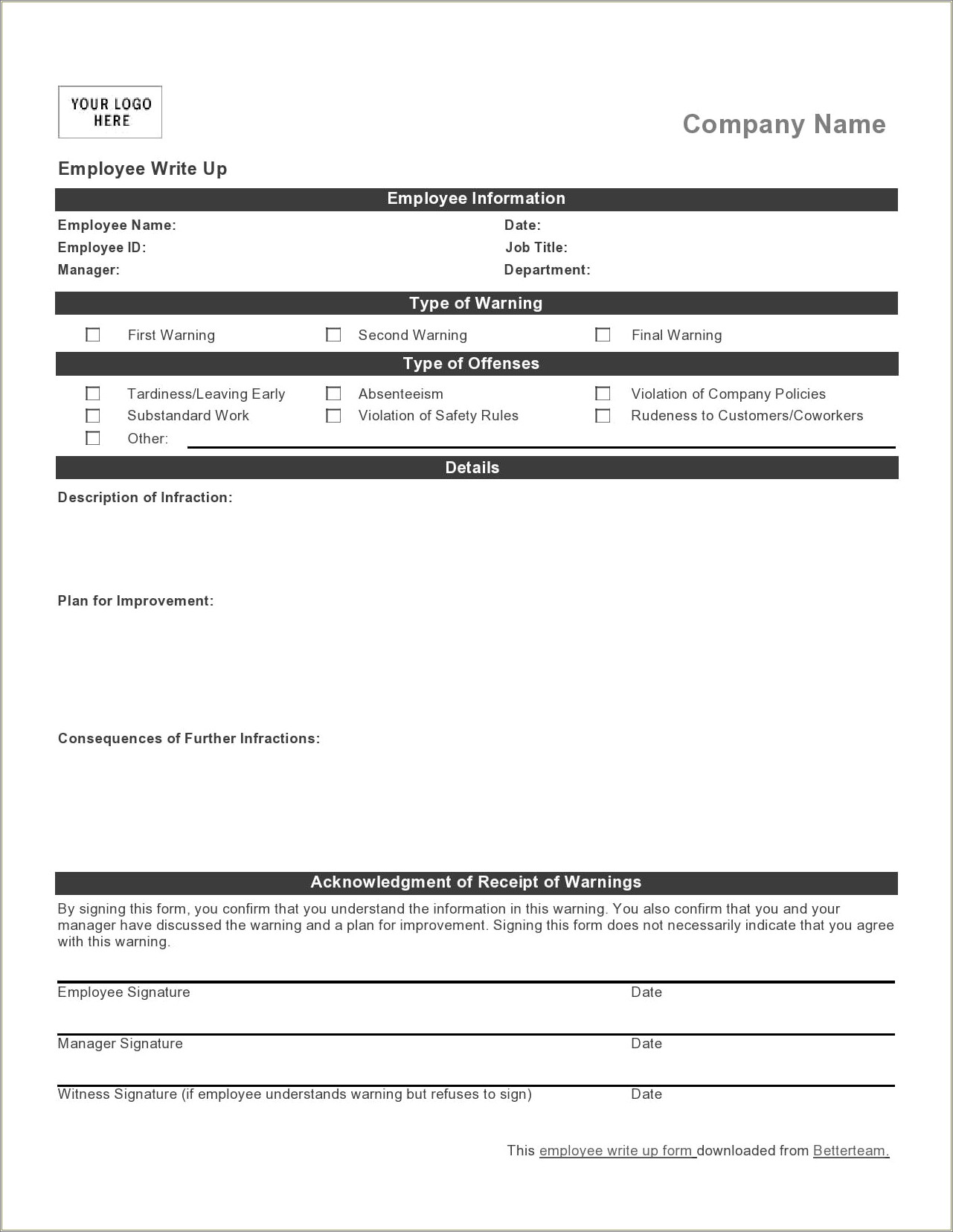 Free Employee Warning Notice Form Template